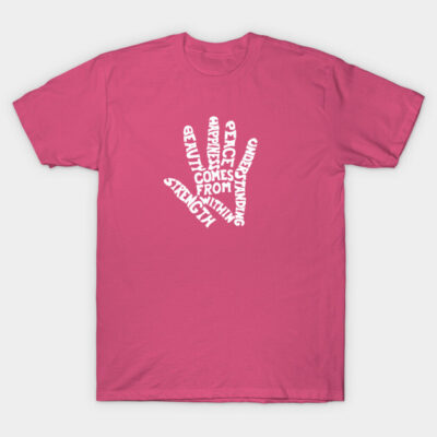 Pink t-shirt with white motivational text in a hand shape, casual style, comfortable cotton fabric, unisex design.