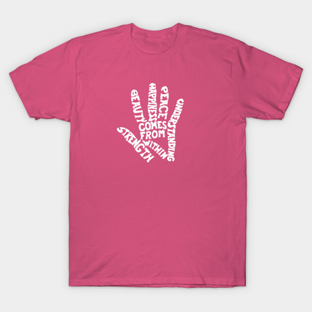 Pink t-shirt with white motivational text in a hand shape, casual style, comfortable cotton fabric, unisex design.