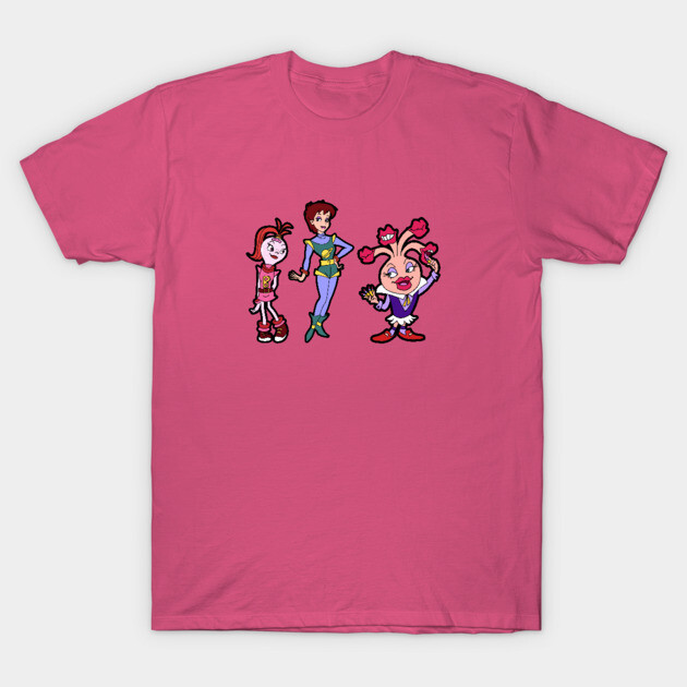 Pink cartoon graphic tee, featuring colorful animated characters, casual style cotton t-shirt for everyday wear.