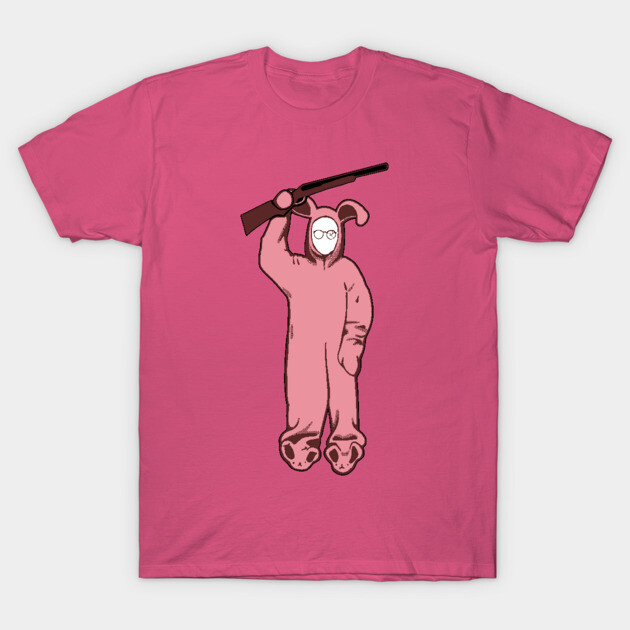 Pink cotton T-shirt with a playful graphic of a person in a pink bunny suit holding a toy gun, casual and fun style.