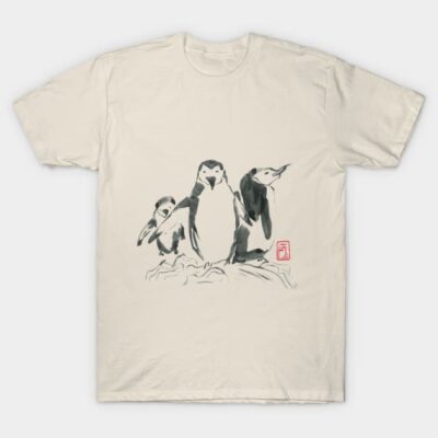 Cream t-shirt with artistic penguin design, casual wear, soft cotton material, unisex style.