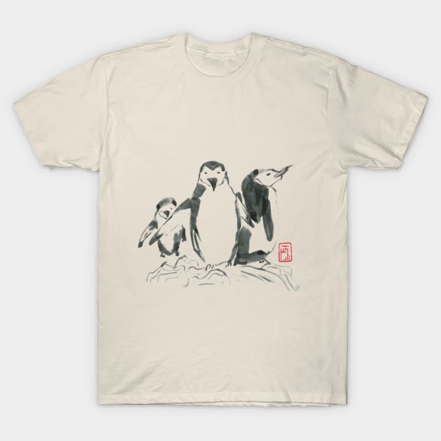 Cream t-shirt with artistic penguin design, casual wear, soft cotton material, unisex style.