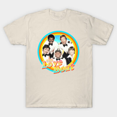 Cream graphic t-shirt featuring retro "The Love Boat" design, colorful circle background, casual cotton material.
