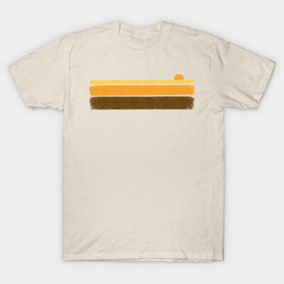 Cream t-shirt with retro sunset stripes in yellow, orange, and brown. Casual style, soft cotton material.