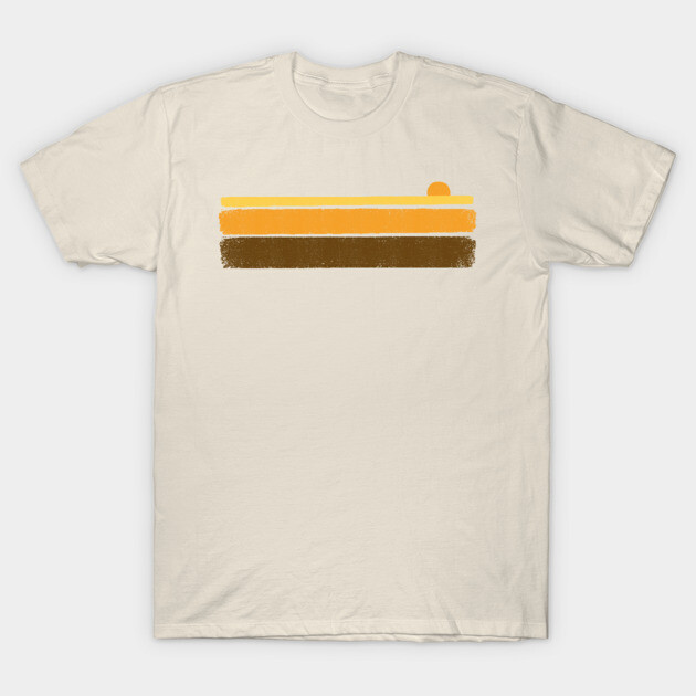 Cream t-shirt with retro sunset stripes in yellow, orange, and brown. Casual style, soft cotton material.
