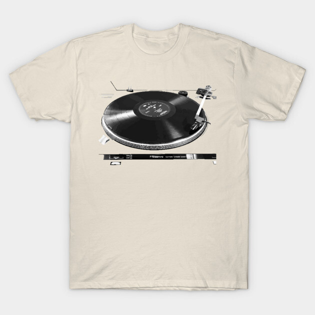 Beige t-shirt with black turntable graphic, casual style, cotton material, perfect for music enthusiasts.