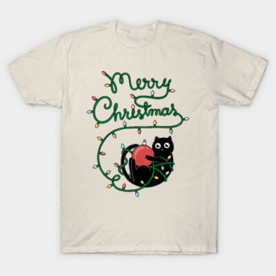 Cream Christmas t-shirt with festive lights and cat design, perfect for holiday celebrations. Cotton, unisex style.