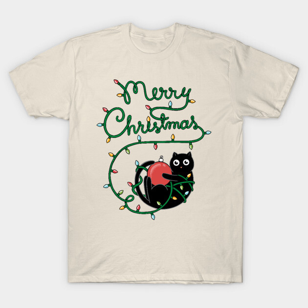 Cream Christmas t-shirt with festive lights and cat design, perfect for holiday celebrations. Cotton, unisex style.
