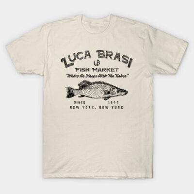 Beige graphic t-shirt with vintage fish market design, black print, casual style cotton tee for everyday wear.
