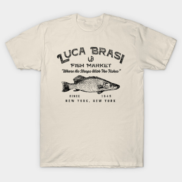 Beige graphic t-shirt with vintage fish market design, black print, casual style cotton tee for everyday wear.