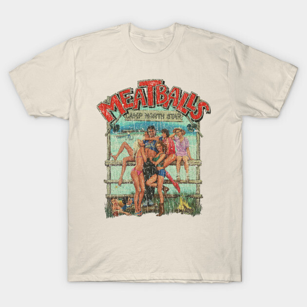 Vintage-style beige t-shirt with "Meatballs" graphic, casual wear, short sleeves, soft cotton material.