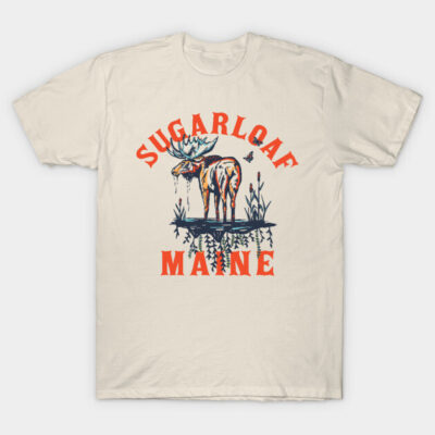 Beige t-shirt with "Sugarloaf Maine" text and moose graphic, casual style, 100% cotton, perfect for outdoor adventures.