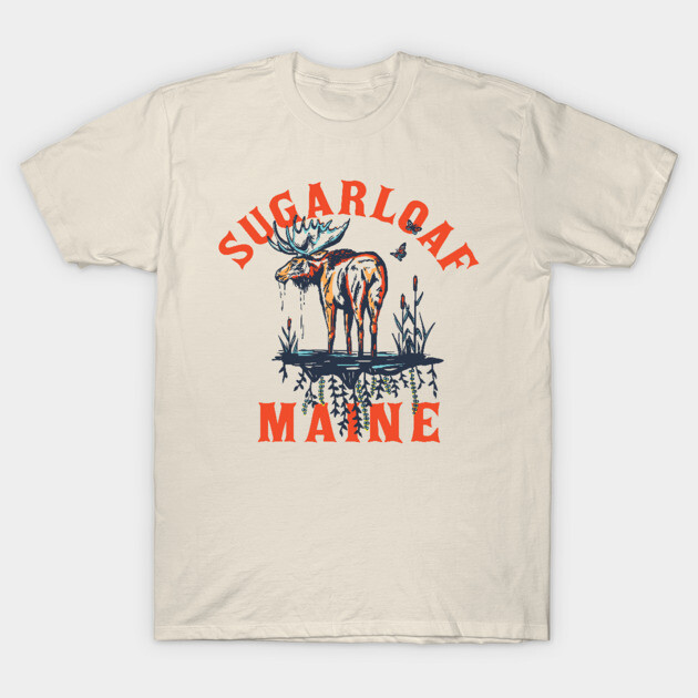 Beige t-shirt with "Sugarloaf Maine" text and moose graphic, casual style, 100% cotton, perfect for outdoor adventures.