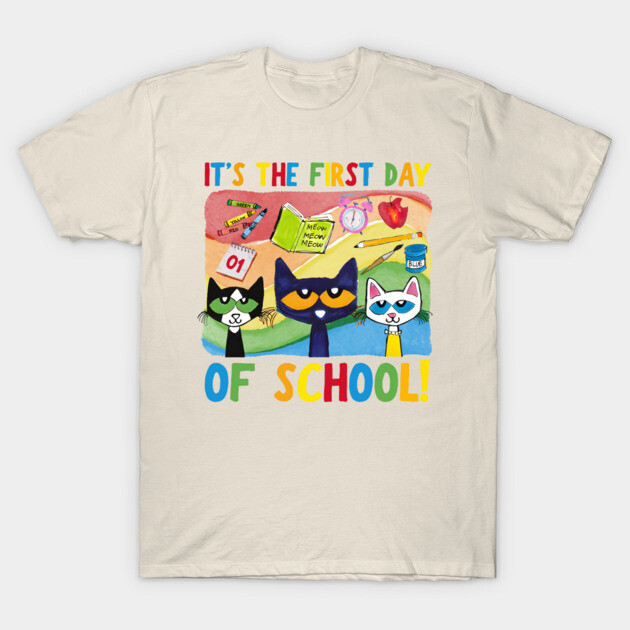 Beige t-shirt with colorful "First Day of School" cat design, perfect for kids, soft cotton fabric, casual style.