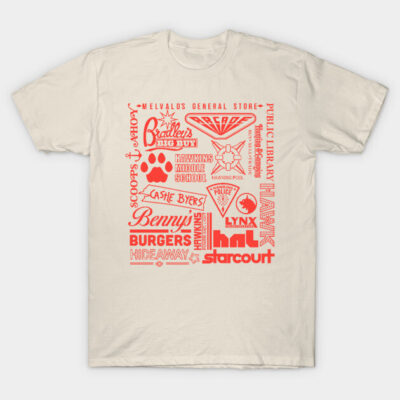 Cream graphic t-shirt with red vintage logos, casual style, cotton material, perfect for everyday wear.