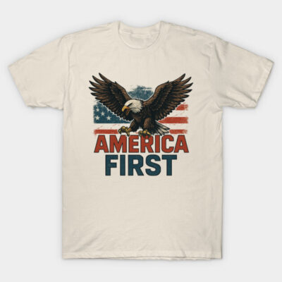 Cream t-shirt with eagle and flag design, "America First" text, patriotic style, cotton material, casual wear.