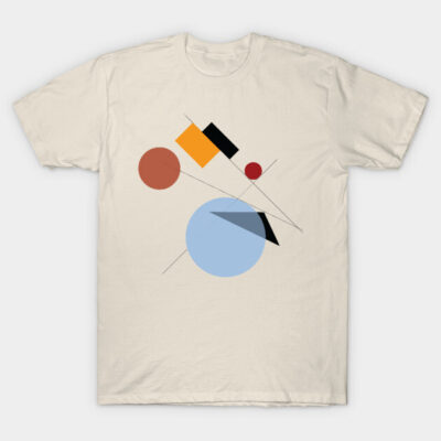 Cream t-shirt with abstract geometric shapes in blue, red, and black. Modern design, casual wear, cotton material.