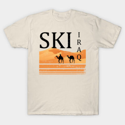 Beige t-shirt with "Ski Iraq" design, featuring camels and desert scene. Casual wear, cotton material, unisex style.