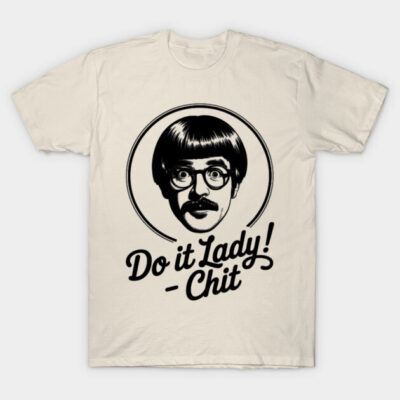 Beige graphic t-shirt with bold black retro design and humorous text, casual and comfortable cotton wear.