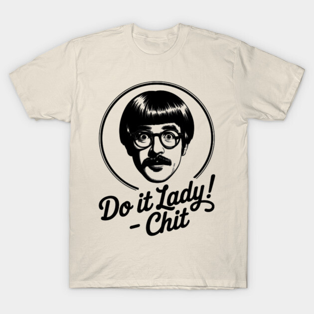 Beige graphic t-shirt with bold black retro design and humorous text, casual and comfortable cotton wear.