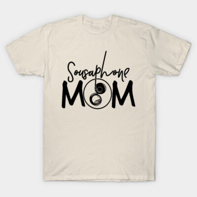 Cream t-shirt with "Sousaphone Mom" black text and musical design, casual wear, cotton material.