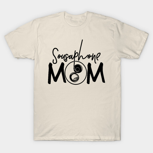 Cream t-shirt with "Sousaphone Mom" black text and musical design, casual wear, cotton material.