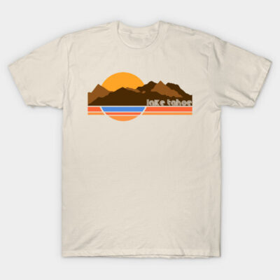 Beige Lake Tahoe graphic t-shirt featuring sunset and mountain design, casual style, cotton material.
