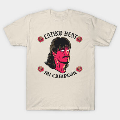 White t-shirt with "Latino Heat Mi Campeon" design, featuring red graphic art and decorative roses. Casual wear.