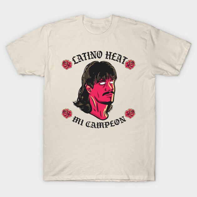 White t-shirt with "Latino Heat Mi Campeon" design, featuring red graphic art and decorative roses. Casual wear.