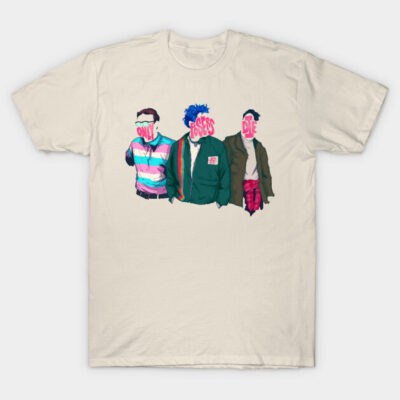 Cream graphic t-shirt with colorful abstract figures, casual style, 100% cotton, unisex fit, suitable for everyday wear.