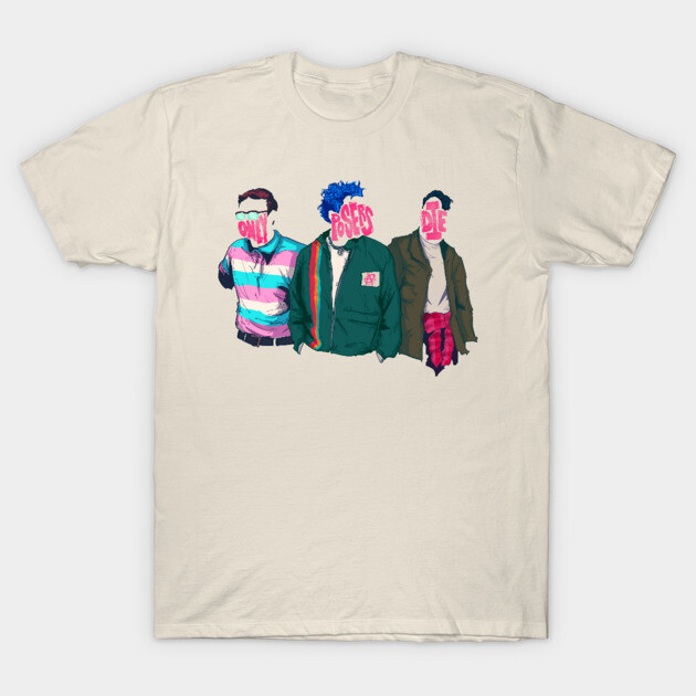 Cream graphic t-shirt with colorful abstract figures, casual style, 100% cotton, unisex fit, suitable for everyday wear.