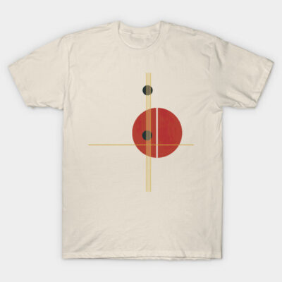 Beige t-shirt with geometric red and black circle design, minimalist style, cotton material, casual wear.