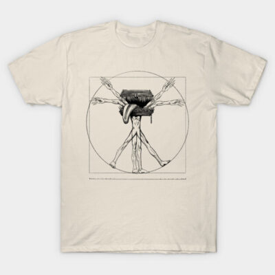 Cream t-shirt featuring a vintage-style black illustration with geometric and human figure elements, casual wear.