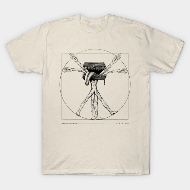 Cream t-shirt featuring a vintage-style black illustration with geometric and human figure elements, casual wear.