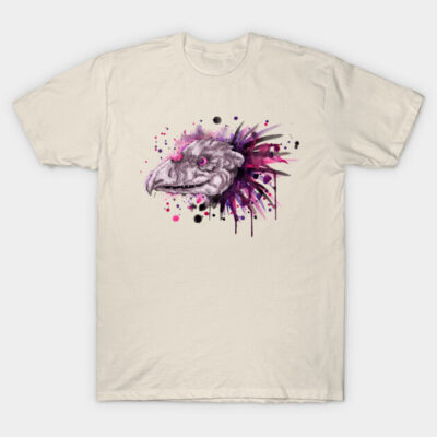 Cream t-shirt with vibrant abstract bird head design in pink and purple, perfect for casual wear and artistic style.