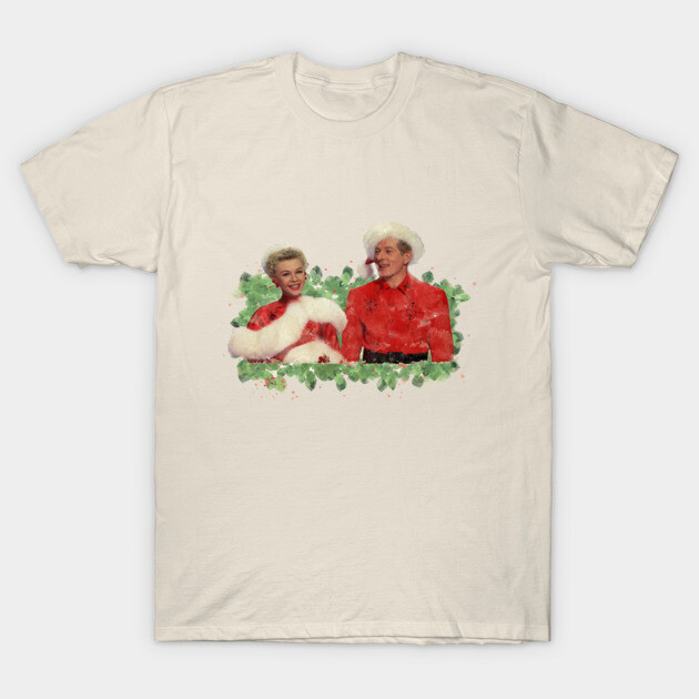 Cream t-shirt with vintage holiday print, featuring festive red outfits and green accents, perfect for casual wear.