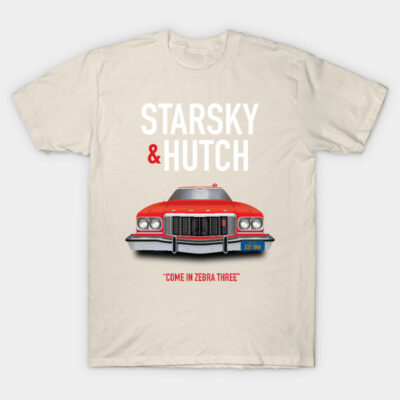 Cream graphic t-shirt featuring red vintage car design with "Starsky & Hutch" text, ideal for casual wear.