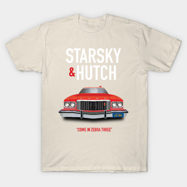 Cream graphic t-shirt featuring red vintage car design with "Starsky & Hutch" text, ideal for casual wear.