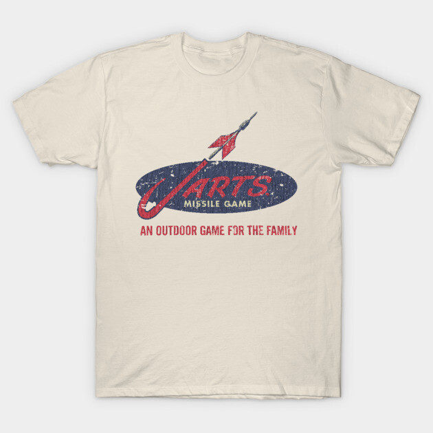 Vintage cream T-shirt featuring retro outdoor game design with "Jarts Missile Game" text, ideal for casual wear.