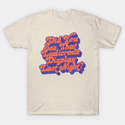Off-white T-shirt with bold orange and blue retro text design, casual style, ideal for everyday wear.