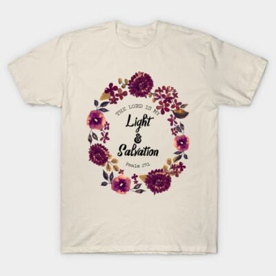 Cream t-shirt with floral wreath design and "The Lord is My Light & Salvation" text, casual cotton apparel.