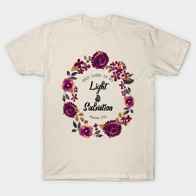 Cream t-shirt with floral wreath design and "The Lord is My Light & Salvation" text, casual cotton apparel.