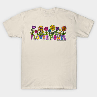 Cream t-shirt with colorful "Flower Power" graphic design, casual style, ideal for everyday wear.