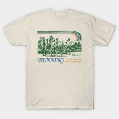 Cream vintage-style t-shirt with a humorous running print, featuring green, blue, and orange design elements.