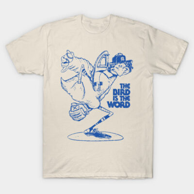 Cream t-shirt with blue cartoon bird print, "The Bird Is The Word" text, casual cotton tee, unisex style.