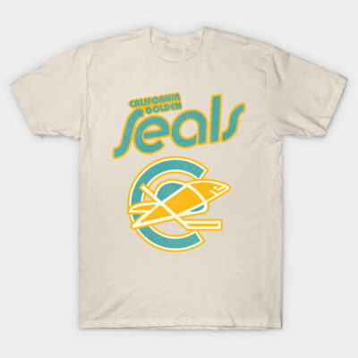 Vintage-style beige t-shirt featuring retro California Golden Seals logo in teal and yellow, made from soft cotton.
