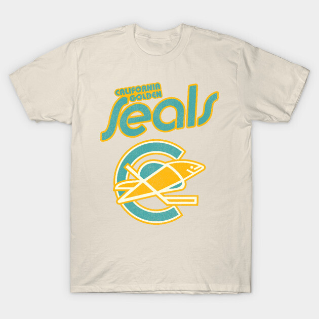 Vintage-style beige t-shirt featuring retro California Golden Seals logo in teal and yellow, made from soft cotton.