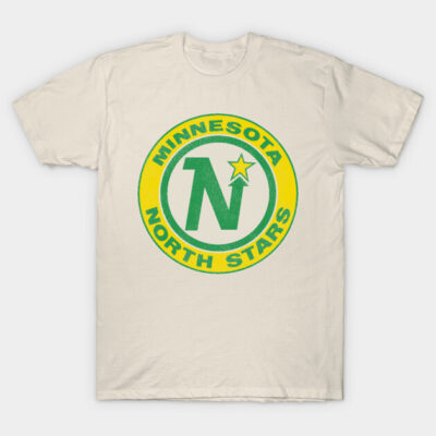 Cream vintage t-shirt featuring green and yellow retro Minnesota North Stars logo design, casual sportswear.