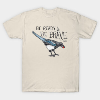 Cream t-shirt with bird illustration and "Be Ready & Be Brave" text, casual wear, cotton material.