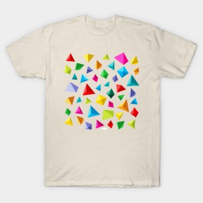 Cream t-shirt with colorful geometric triangle pattern, casual style, 100% cotton, unisex design.